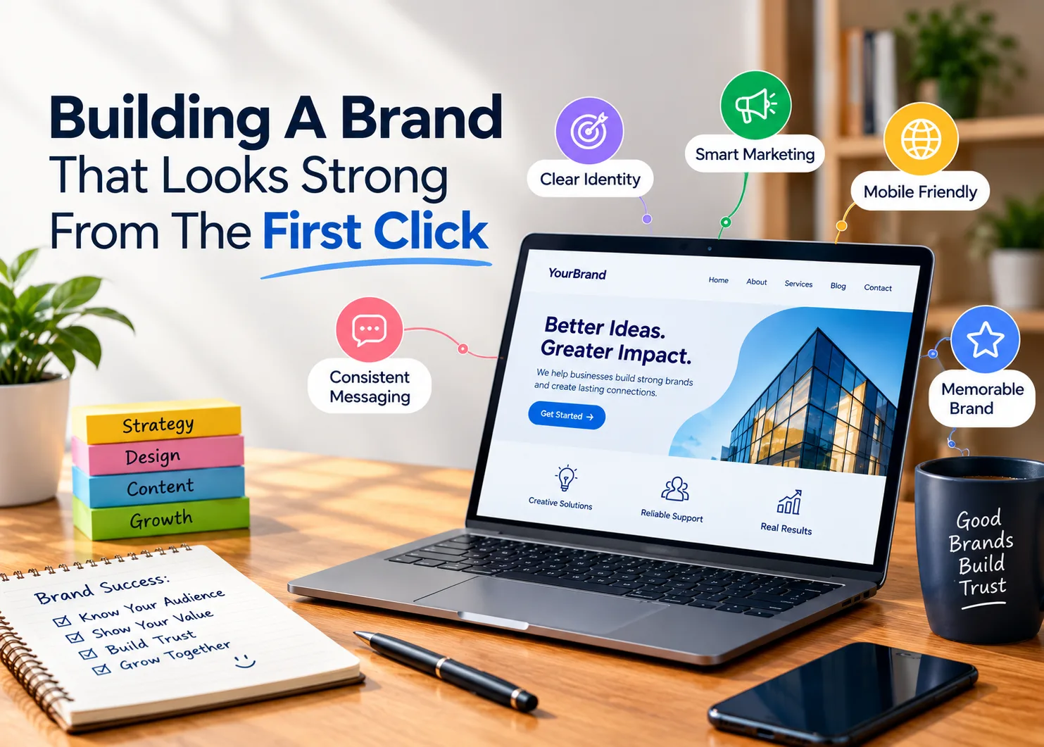 A modern branding workspace featuring a laptop displaying a professional business website, with visual callouts highlighting clear identity, smart marketing, mobile-friendly design, consistent messaging, and memorable branding to illustrate building a strong brand from the first click.